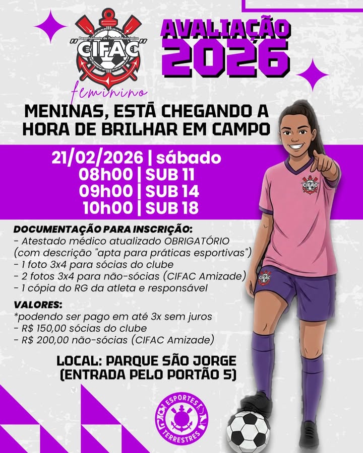 Avaliação CIFAC Feminino 2026 no Parque São Jorge: inscrições, horários, documentos e valores (21/02)